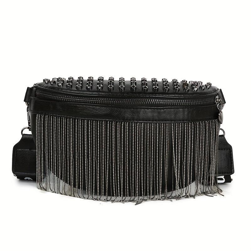 Gothic Studded Fanny Pack Crossbody Bag with Tassel Purse for Women