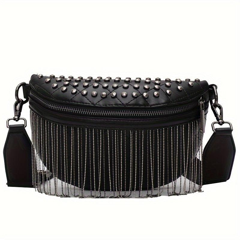Gothic Studded Fanny Pack Crossbody Bag with Tassel Purse for Women