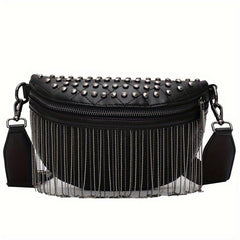 Gothic Studded Fanny Pack Crossbody Bag with Tassel Purse for Women