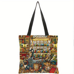 Linen Cat Pattern Tote Bag Lightweight Reusable Shopping Shoulder Bag