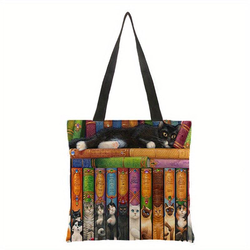 Linen Cat Pattern Tote Bag Lightweight Reusable Shopping Shoulder Bag