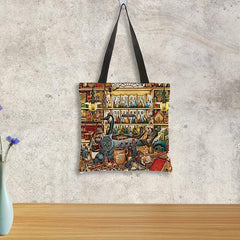 Linen Cat Pattern Tote Bag Lightweight Reusable Shopping Shoulder Bag