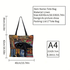 Linen Cat Pattern Tote Bag Lightweight Reusable Shopping Shoulder Bag