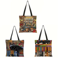 Linen Cat Pattern Tote Bag Lightweight Reusable Shopping Shoulder Bag