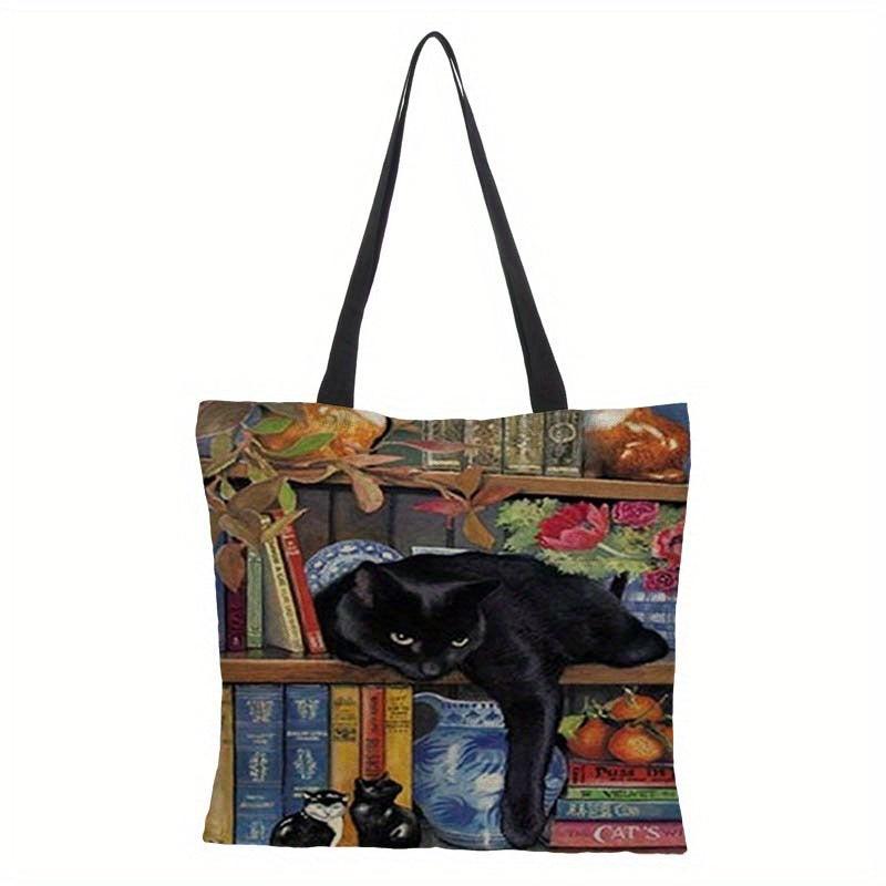 Linen Cat Pattern Tote Bag Lightweight Reusable Shopping Shoulder Bag
