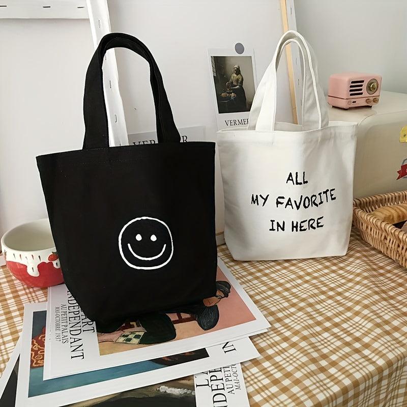 Small Happy Face Tote Bag Casual Canvas Handbag Mini Bento Bag