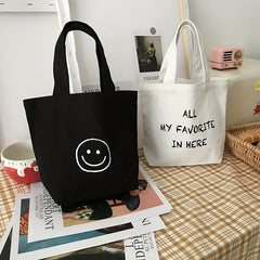Small Happy Face Tote Bag Casual Canvas Handbag Mini Bento Bag