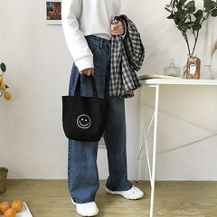 Small Happy Face Tote Bag Casual Canvas Handbag Mini Bento Bag