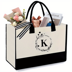 Monogrammed Canvas Tote Bag with Zipper Pocket - Letter K