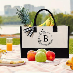 Monogrammed Canvas Tote Bag with Zipper Pocket - Personalized Letter A Tote Bag
