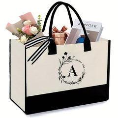 Monogrammed Canvas Tote Bag with Zipper Pocket - Personalized Letter A Tote Bag