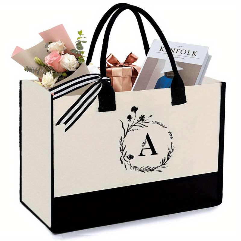 Monogrammed Canvas Tote Bag with Zipper Pocket - Personalized Letter A Tote Bag