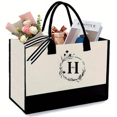 Monogrammed Letter H Canvas Tote Bag with Zipper Pocket