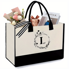 Monogrammed Canvas Tote Bag with Zipper Pocket Embroidery, Letter L