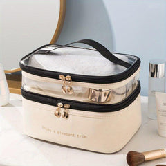 Double Layer Cosmetic Bag Solid PU Transparent Wash Handbag