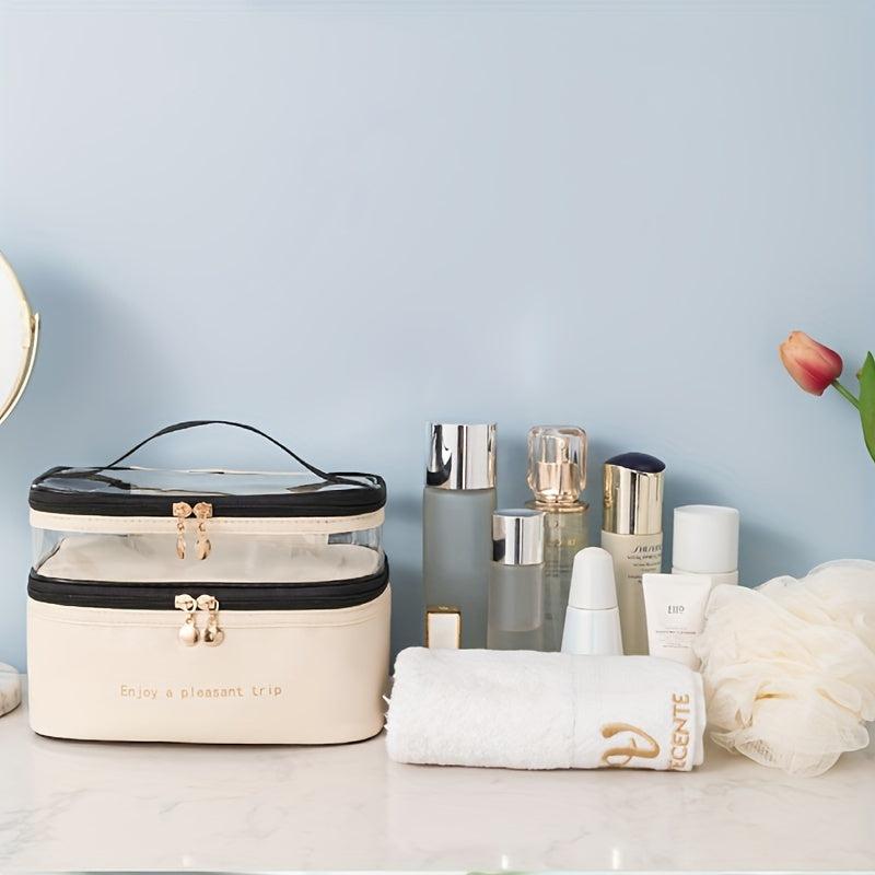 Double Layer Cosmetic Bag Solid PU Transparent Wash Handbag