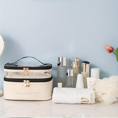 Double Layer Cosmetic Bag Solid PU Transparent Wash Handbag