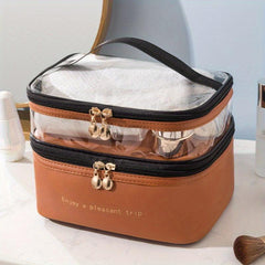 Double Layer Cosmetic Bag Solid PU Transparent Wash Handbag