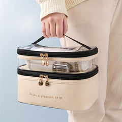 Double Layer Cosmetic Bag Solid PU Transparent Wash Handbag