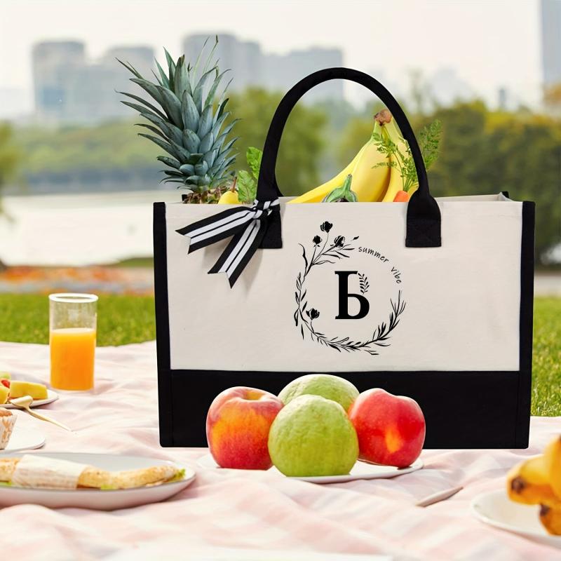 Monogrammed Letter B Canvas Tote Bag with Zipper Pocket