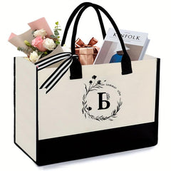 Monogrammed Letter B Canvas Tote Bag with Zipper Pocket