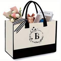 Monogrammed Letter B Canvas Tote Bag with Zipper Pocket