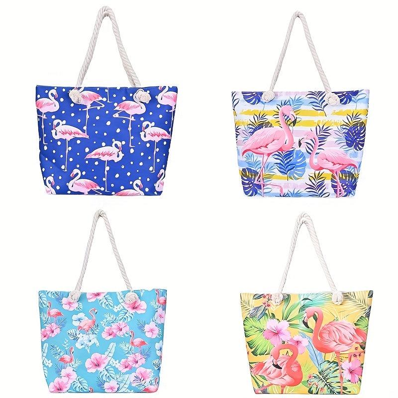 Flamingo Print Tote Bag Large Capacity Casual Canvas Shoulder Shopping Bag