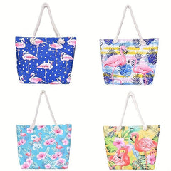 Flamingo Print Tote Bag Large Capacity Casual Canvas Shoulder Shopping Bag