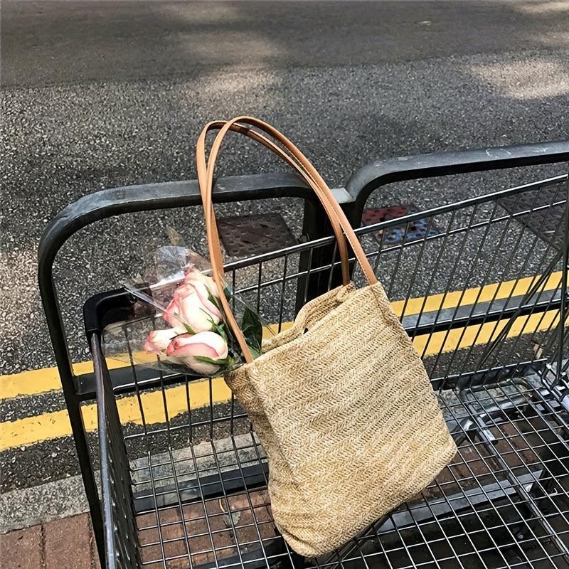 Straw Beach Bag Woven Shoulder Bucket Large Tote Handbag