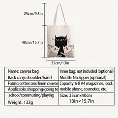Cat Printed Canvas Handbag One Shoulder Men's Beach Bag Shopping Bag