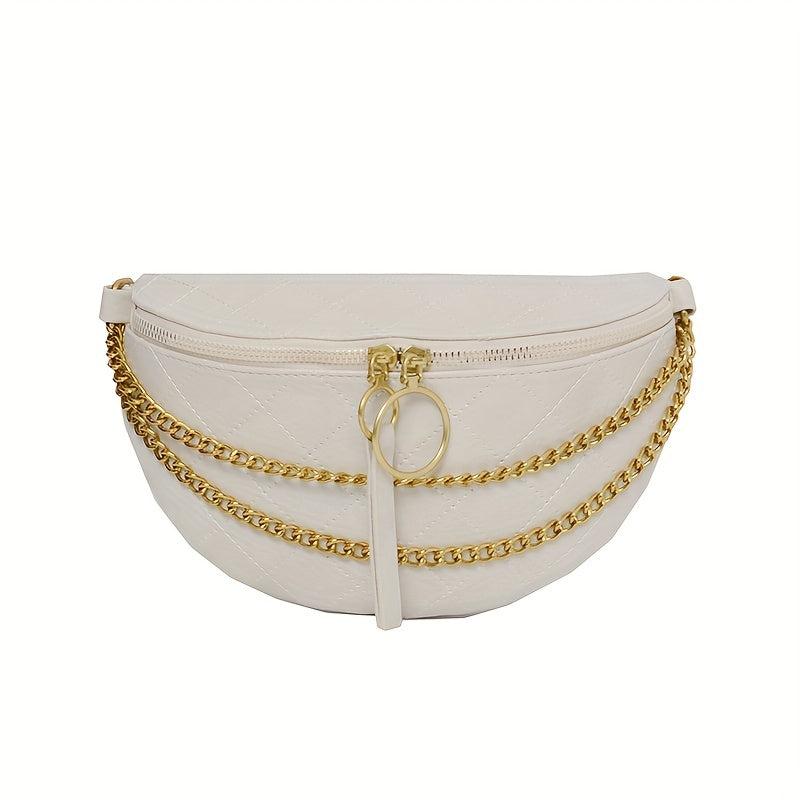 Argyle Embossed Waist Bag Chain Decor Chest Purse PU Crossbody Bag