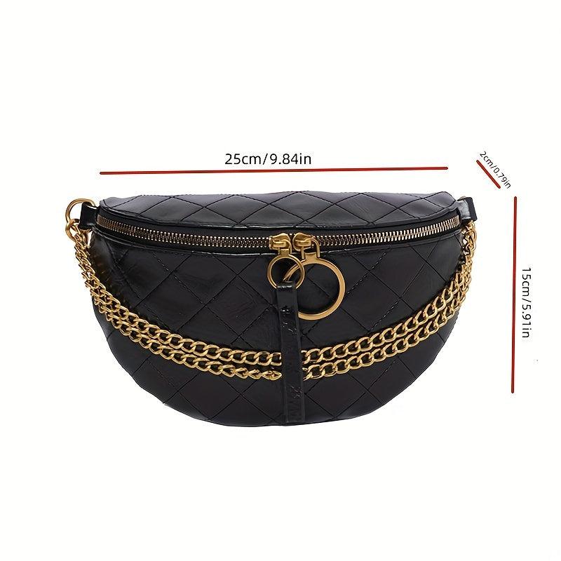 Argyle Embossed Waist Bag Chain Decor Chest Purse PU Crossbody Bag