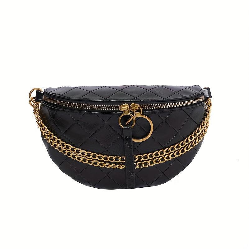 Argyle Embossed Waist Bag Chain Decor Chest Purse PU Crossbody Bag
