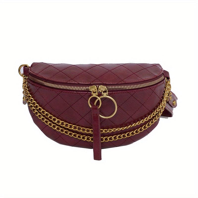 Argyle Embossed Waist Bag Chain Decor Chest Purse PU Crossbody Bag