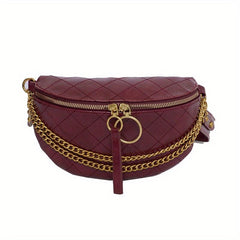Argyle Embossed Waist Bag Chain Decor Chest Purse PU Crossbody Bag