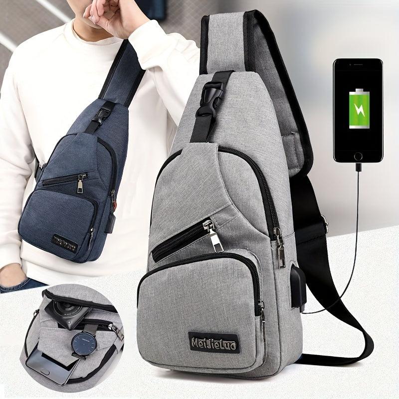 Large Capacity Diagonal Men's Shoulder Bag with USB Charging Port