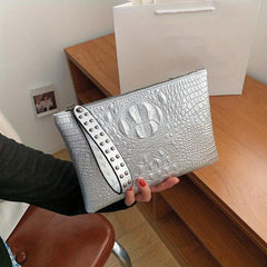 Crocodile Embossed Clutch Bag with Studded Decor