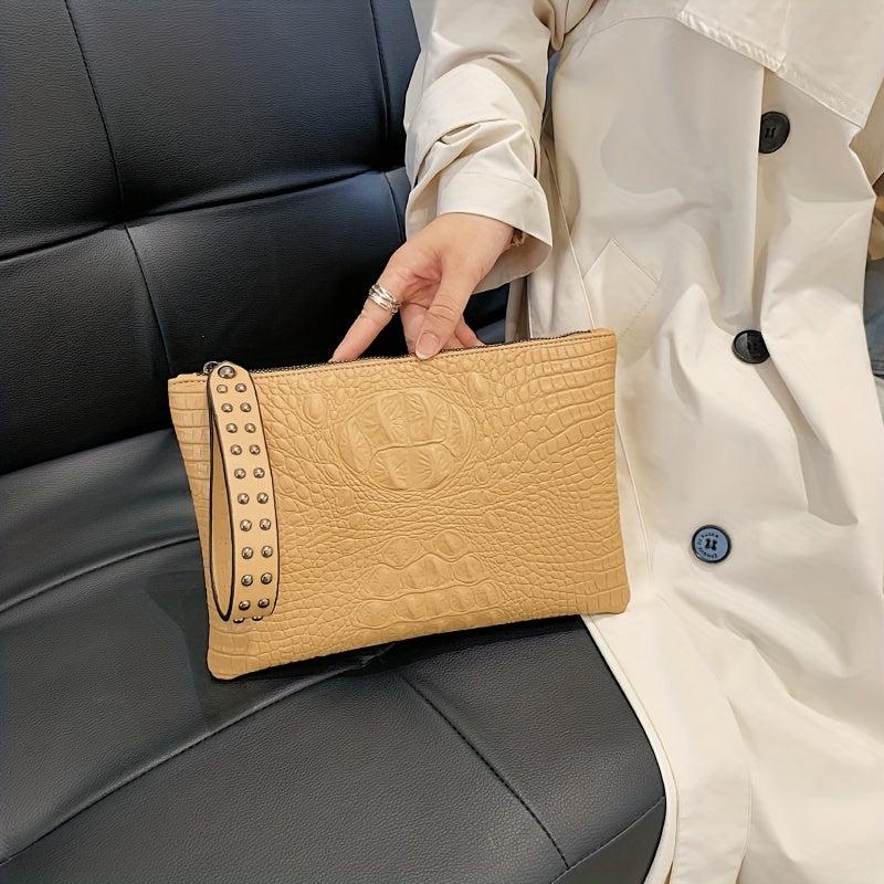 Crocodile Embossed Clutch Bag with Studded Decor