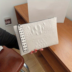 Crocodile Embossed Clutch Bag with Studded Decor
