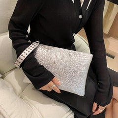 Crocodile Embossed Clutch Bag with Studded Decor