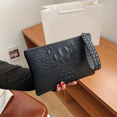 Crocodile Embossed Clutch Bag with Studded Decor