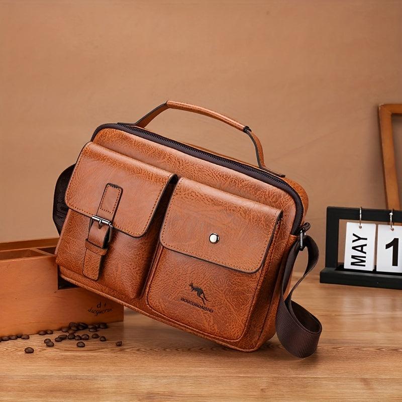 Men's Business Casual Messenger Bag PU Leather Horizontal Shoulder Bag Briefcase