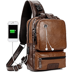 Retro PU Leather Chest Bag with Earphone Port Crossbody Sling Bag