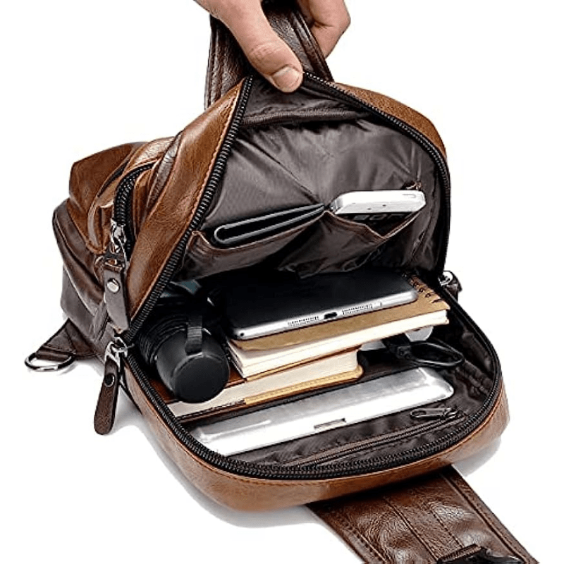 Retro PU Leather Chest Bag with Earphone Port Crossbody Sling Bag