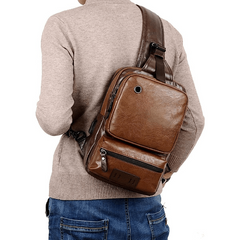 Retro PU Leather Chest Bag with Earphone Port Crossbody Sling Bag