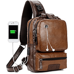 Retro PU Leather Chest Bag with Earphone Port Crossbody Sling Bag