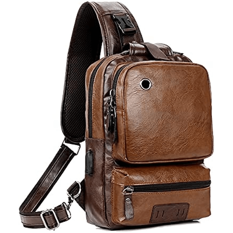 Retro PU Leather Chest Bag with Earphone Port Crossbody Sling Bag