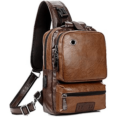 Retro PU Leather Chest Bag with Earphone Port Crossbody Sling Bag