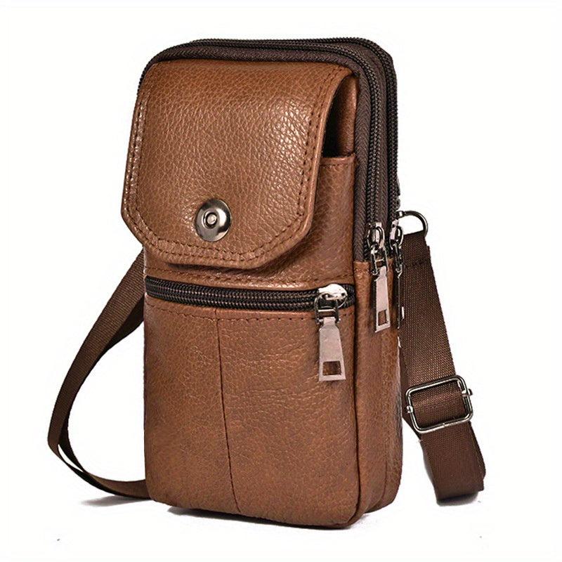 Men's Casual Leather Shoulder Bag Mobile Phone Bag Portable Hanging Waist Bag