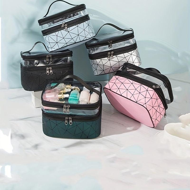 PU Rhombic Double layer Large PVC Cosmetic Storage Bag